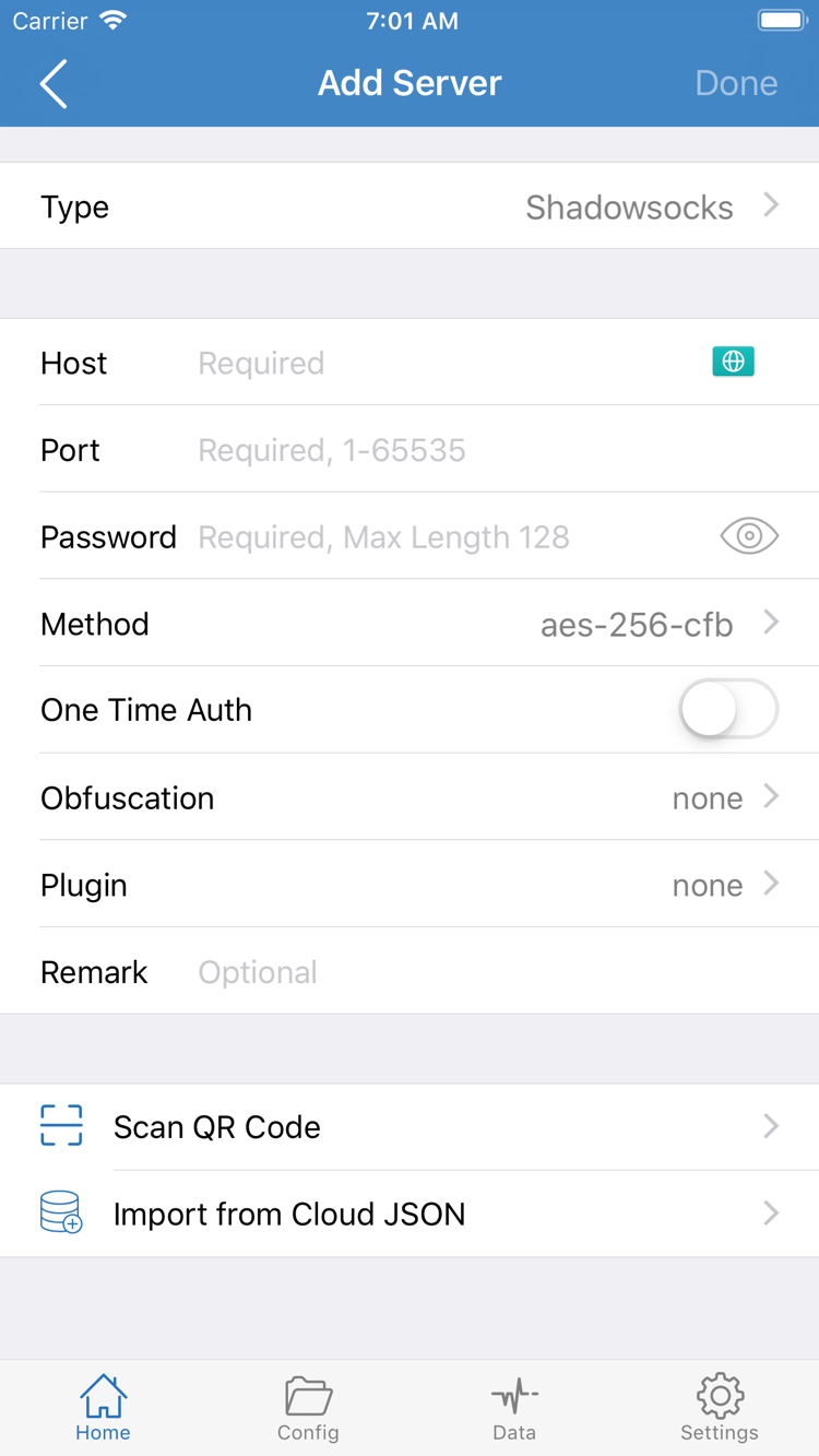 Official Shadowrocket Add Server screenshot showing Type, Host, Port, Password, and Method, plus Scan QR Code and Import from Cloud JSON