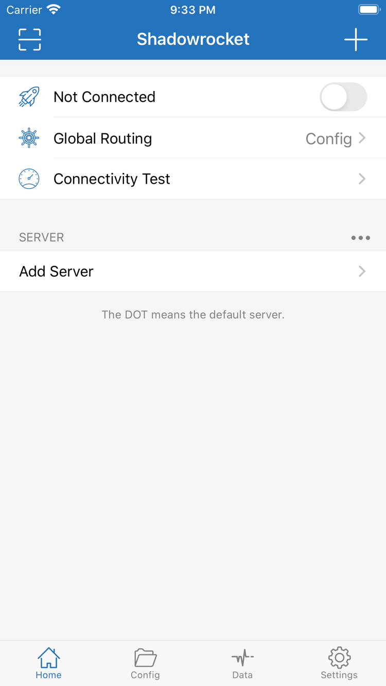 Official Shadowrocket Home screenshot showing Not Connected, Global Routing, Connectivity Test, and Add Server under the SERVER section